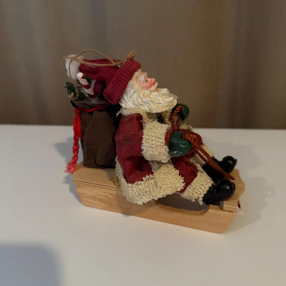 Vintage Style Santa Claus on Wooden Sled Figurine Christmas‎ Holiday Decor Red